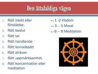 1.   Rätt insikt eller          1  -2 Visdom
     förståelse.                 3 – 5 Moral
2.   Rätt beslut                 6 – 8 Meditation
3.   Rätt tal
4.   Rätt handlande
5.   Rätt levnadssätt
6.   Rätt strävan
7.   Rätt uppmärksamhet.
8.   Rätt koncentration eller
     meditation
 