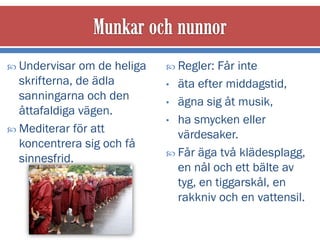  Undervisar  om de heliga    Regler:  Får inte
  skrifterna, de ädla        • äta efter middagstid,
  sanningarna och den        • ägna sig åt musik,
  åttafaldiga vägen.
                             • ha smycken eller
 Mediterar för att
                               värdesaker.
  koncentrera sig och få
                              Får äga två klädesplagg,
  sinnesfrid.
                               en nål och ett bälte av
                               tyg, en tiggarskål, en
                               rakkniv och en vattensil.
 