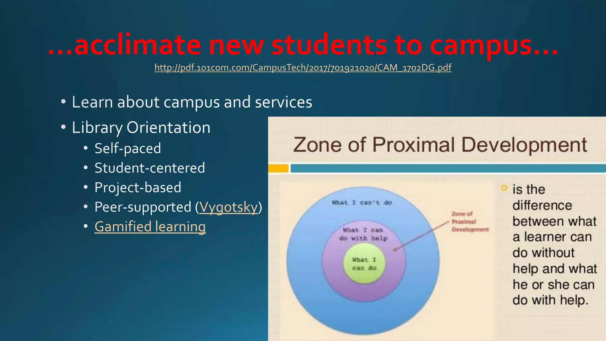 …acclimate new students to campus…
http://pdf.101com.com/CampusTech/2017/701921020/CAM_1702DG.pdf
Self-paced
Student-centered
Project-based
Vygotsky
Gamified learning
 