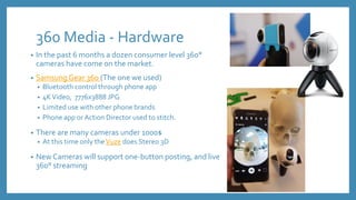 360 Media - Hardware
• In the past 6 months a dozen consumer level 360°
cameras have come on the market.
• Samsung Gear 360 (The one we used)
• Bluetooth control through phone app
• 4KVideo, 7776x3888 JPG
• Limited use with other phone brands
• Phone app orAction Director used to stitch.
• There are many cameras under 1000$
• At this time only theVuze does Stereo 3D
• New Cameras will support one-button posting, and live
360° streaming
 