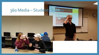 Forje.JS – Open source JS Framework
• For home-built 360
presentations
• Supports video, stills, and spatial
audio
• Browser or Cardboard support
• Open-source with responsive
community
• Narrative structure stored in JSON
• Currently requires low-level
programming knowledge to use
effectively.
 