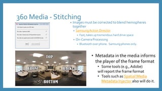 360 Media - Stitching
• Images must be corrected to blend hemispheres
together
• SamsungAction Director
• Fast, takes up tremendous hard drive space
• On-Camera Processing
• Bluetooth over phone. Samsung phones only.
• Metadata in the media informs
the player of the frame format
• Some tools (e.g., Adobe)
will report the frame format
• Tools such as Spatial Media
Metadata Injector also will do it.
 