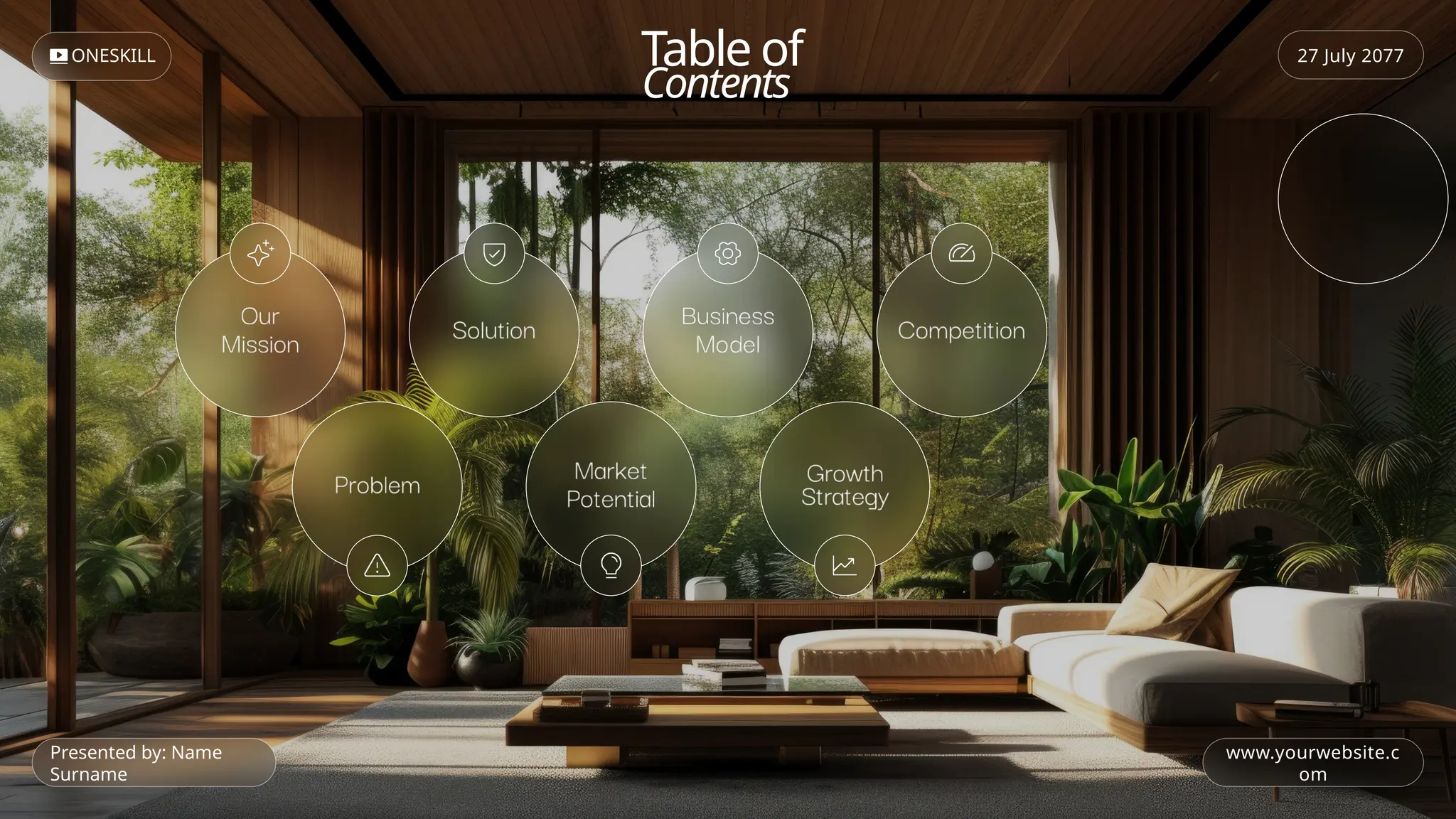 Table of
Contents
27 July 2077
Presented by: Name
Surname
ONESKILL
www.yourwebsite.c
om
 