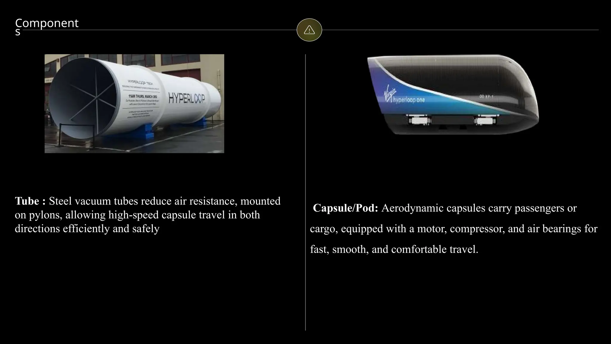 Component
s
Tube : Steel vacuum tubes reduce air resistance, mounted
on pylons, allowing high-speed capsule travel in both
directions efficiently and safely
Capsule/Pod: Aerodynamic capsules carry passengers or
cargo, equipped with a motor, compressor, and air bearings for
fast, smooth, and comfortable travel.
 