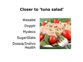 Closer to 'tuna salad' Wesabe Dopplr Mydeco SugarStats Dossia/Indivo Health 