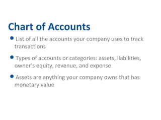 Chart of Accounts 
List of all the accounts your company uses to track 
transactions 
Types of accounts or categories: assets, liabilities, 
owner’s equity, revenue, and expense 
Assets are anything your company owns that has 
monetary value 
 