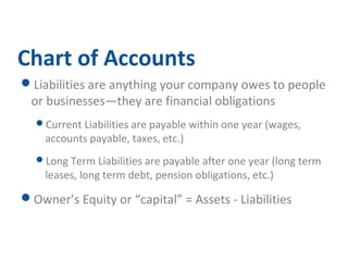 Chart of Accounts 
Liabilities are anything your company owes to people 
or businesses—they are financial obligations 
Current Liabilities are payable within one year (wages, 
accounts payable, taxes, etc.) 
Long Term Liabilities are payable after one year (long term 
leases, long term debt, pension obligations, etc.) 
Owner’s Equity or “capital” = Assets - Liabilities 
 