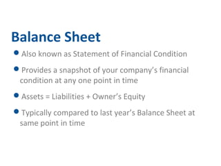 Balance Sheet 
Also known as Statement of Financial Condition 
Provides a snapshot of your company’s financial 
condition at any one point in time 
Assets = Liabilities + Owner’s Equity 
Typically compared to last year’s Balance Sheet at 
same point in time 
 