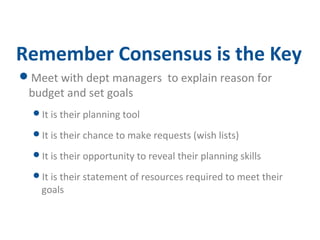 Remember Consensus is the Key 
Meet with dept managers to explain reason for 
budget and set goals 
It is their planning tool 
It is their chance to make requests (wish lists) 
It is their opportunity to reveal their planning skills 
It is their statement of resources required to meet their 
goals 
 