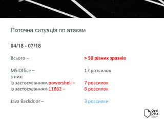 Поточна ситуація по атакам
04/18 - 07/18
Всього – > 50 різних зразків
MS Office – 17 розсилок
з них:
із застосуванням powershell – 7 розсилок
із застосуванням 11882 – 8 розсилок
Java Backdoor – 3 розсилки
 