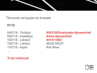 Поточна ситуація по атакам
07/18
040718 - Trickbot #W97M/Downloader #powershell
050718 - HawkEye #xlam #powershell
100718 - Lokibot #rtf #11882
100718 - Lokibot #ACE #SCR
110718 - trojan #rar #exe
…
To be continued
.
 