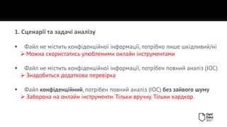 1. Сценарії та задачі аналізу
▪ Файл не містить конфіденційної інформації, потрібно лише шкідливий/ні
➢ Можна скористатись улюбленими онлайн інструментами
▪ Файл не містить конфіденційної інформації, потрібен повний аналіз (IOC)
➢ Знадобиться додаткова перевірка
▪ Файл конфіденційний, потрібен повний аналіз (IOC) без зайвого шуму
➢ Заборона на онлайн інструменти. Тільки вручну. Тільки хардкор.
 