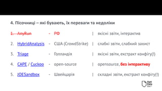1. AnyRun - РФ | якісні звіти, інтерактив
2. HybridAnalysis - США (CrowdStrike) | слабкі звіти, слабкий захист
3. Triage - Голландія | якісні звіти, екстракт конфігу(!)
4. CAPE / Cuckoo - open-source | opensource, без інтерактиву
5. JOESandbox - Швейцарія | складні звіти, екстракт конфігу(!)
4. Пісочниці – які бувають, їх переваги та недоліки
 