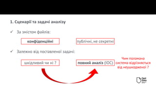 1. Сценарії та задачі аналізу
✓ За змістом файлів:
✓ Залежно від поставленої задачі:
конфіденційні публічні, не секретні
шкідливий чи ні ? повний аналіз (IOC)
Чим поламана
система відрізняється
від неушкодженої ?
 