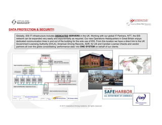 Globally, IDS IT infrastructure includes DEDICATED SERVERS in the UK. Working with our global IT Partners, NTT, the IDS
network can be expanded very easily and exponentially as required. Our new Operations Headquarters in Great Britain enjoys
dedicated communication lines in and out of the building for the sole use of IDS. From this location we have a direct link to the UK
Government Licensing Authority (DVLA), American Driving Records, ADR, for US and Candian License Checks and vendor
partners all over the globe consolidating ‘performance data’ into ONE SYSTEM on behalf of our clients.
DATA PROTECTION & SECURITY:
 