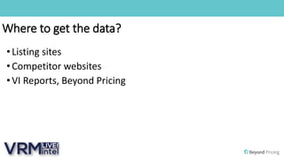 Where to get the data?
•Listing sites
•Competitor websites
•VI Reports, Beyond Pricing
 