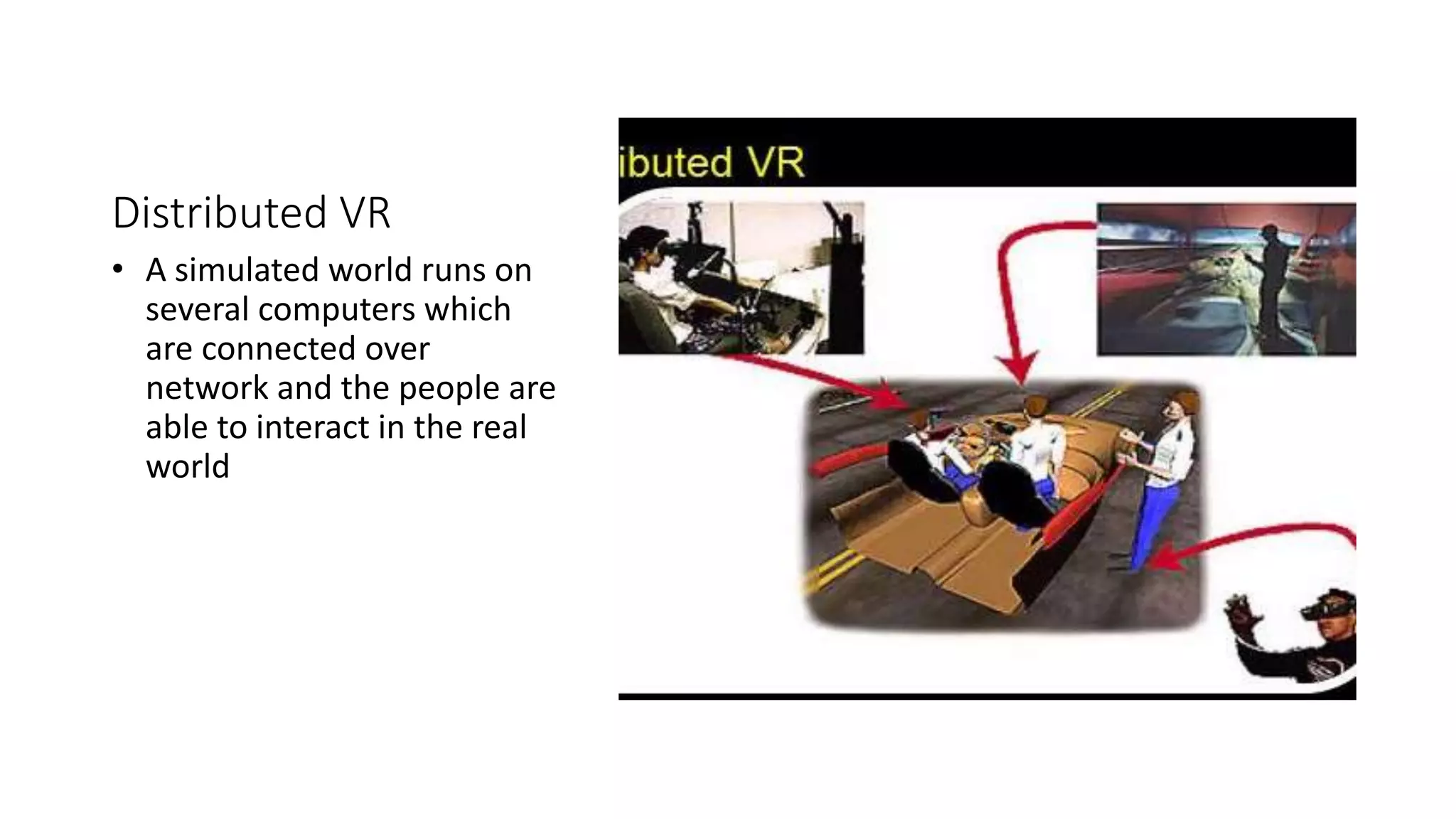 Distributed VR
• A simulated world runs on
several computers which
are connected over
network and the people are
able to interact in the real
world
 