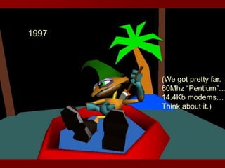 1997
(We got pretty far.
60Mhz “Pentium”…
14.4Kb modems…
Think about it.)
 