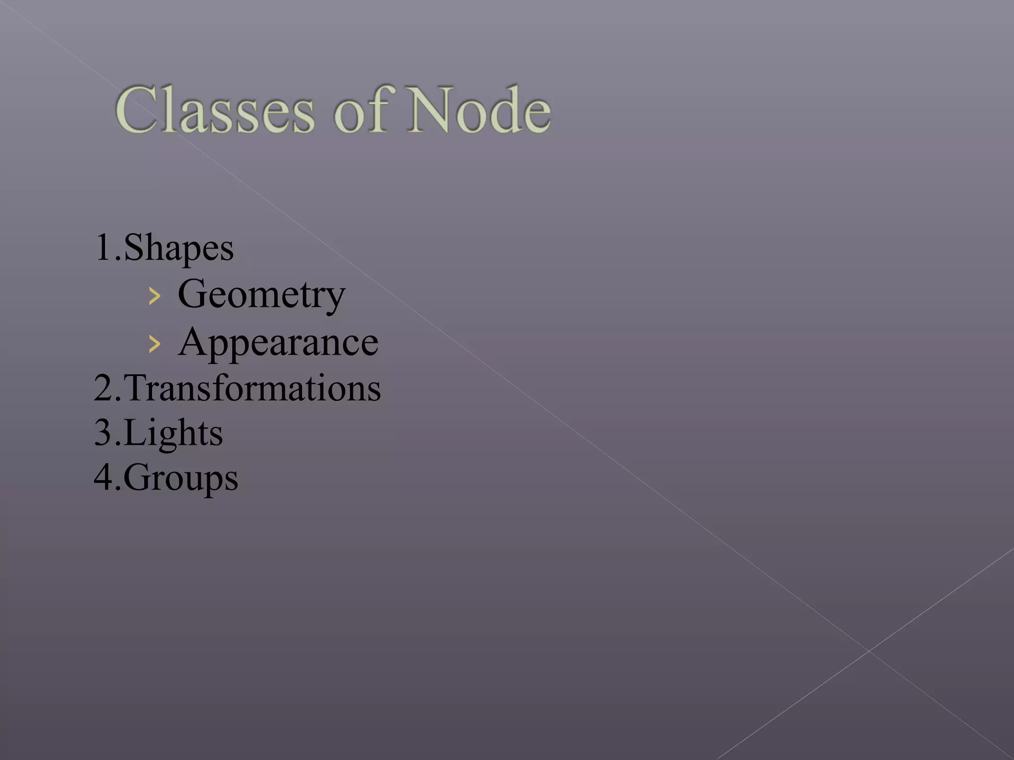 1.Shapes
› Geometry
› Appearance
2.Transformations
3.Lights
4.Groups
 