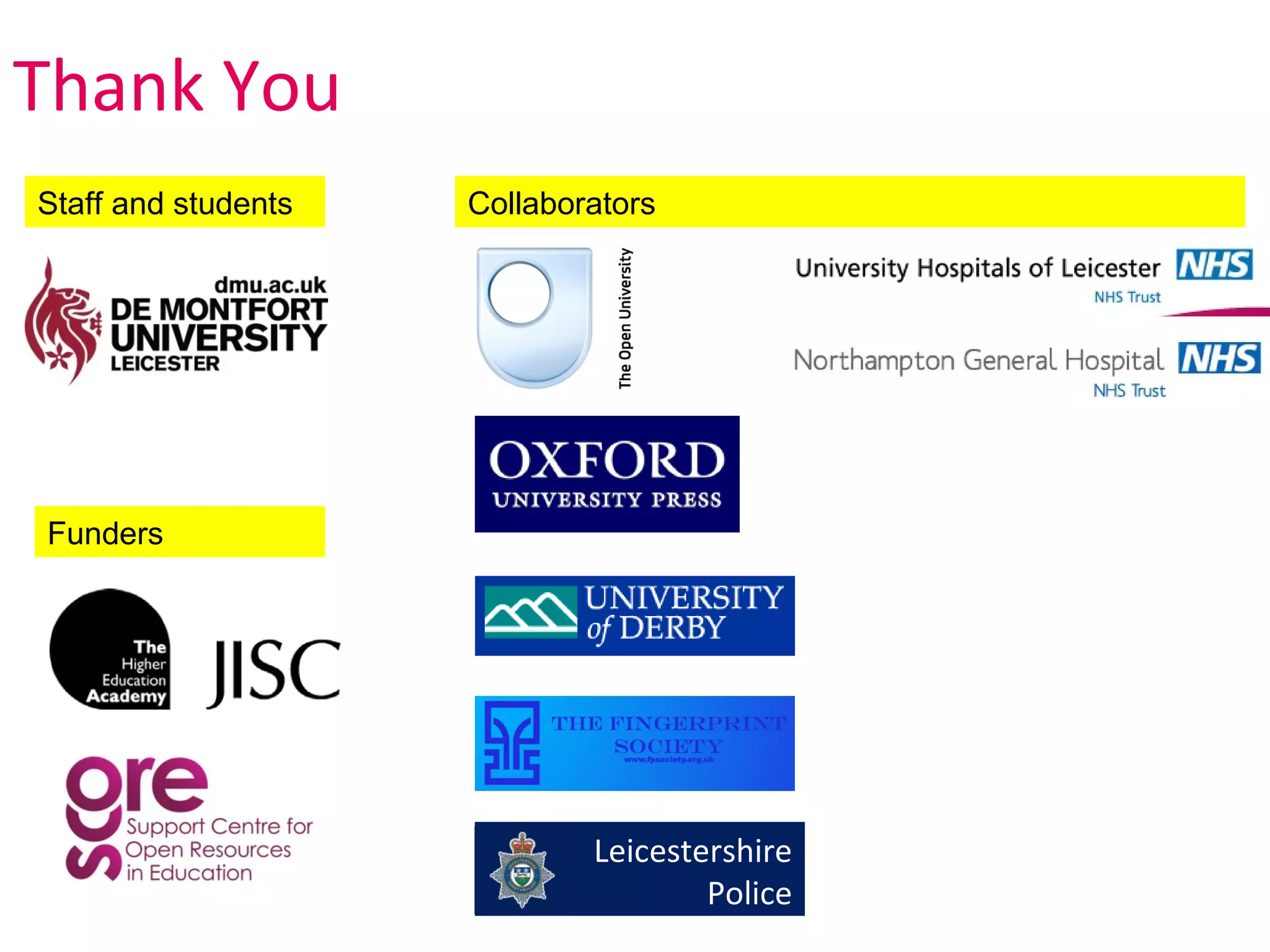 Thank You
Staff and students   Collaborators




Funders




                             Leicestershire
                                     Police
 