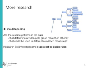 11 
More research 
■ Via datamining 
Are there some patterns in the data 
- that determine a vulnerable group more then others? 
- that could be used to differentiate ALMP measures? 
Research determinated some statistical decision rules 
11 
 
