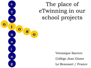 The place of
eTwinning in our
 school projects




     Véronique Sarrere
     Collège Jean Giono
     Le Beausset / France
 