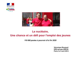 Le nucléaire,
Une chance et un défi pour l’emploi des jeunes
          110 000 postes à pourvoir d’ici fin 2020



                                              Véronique Rouzaud
                                              DRH groupe AREVA
                                              Paris, le 3 avril 2013
 