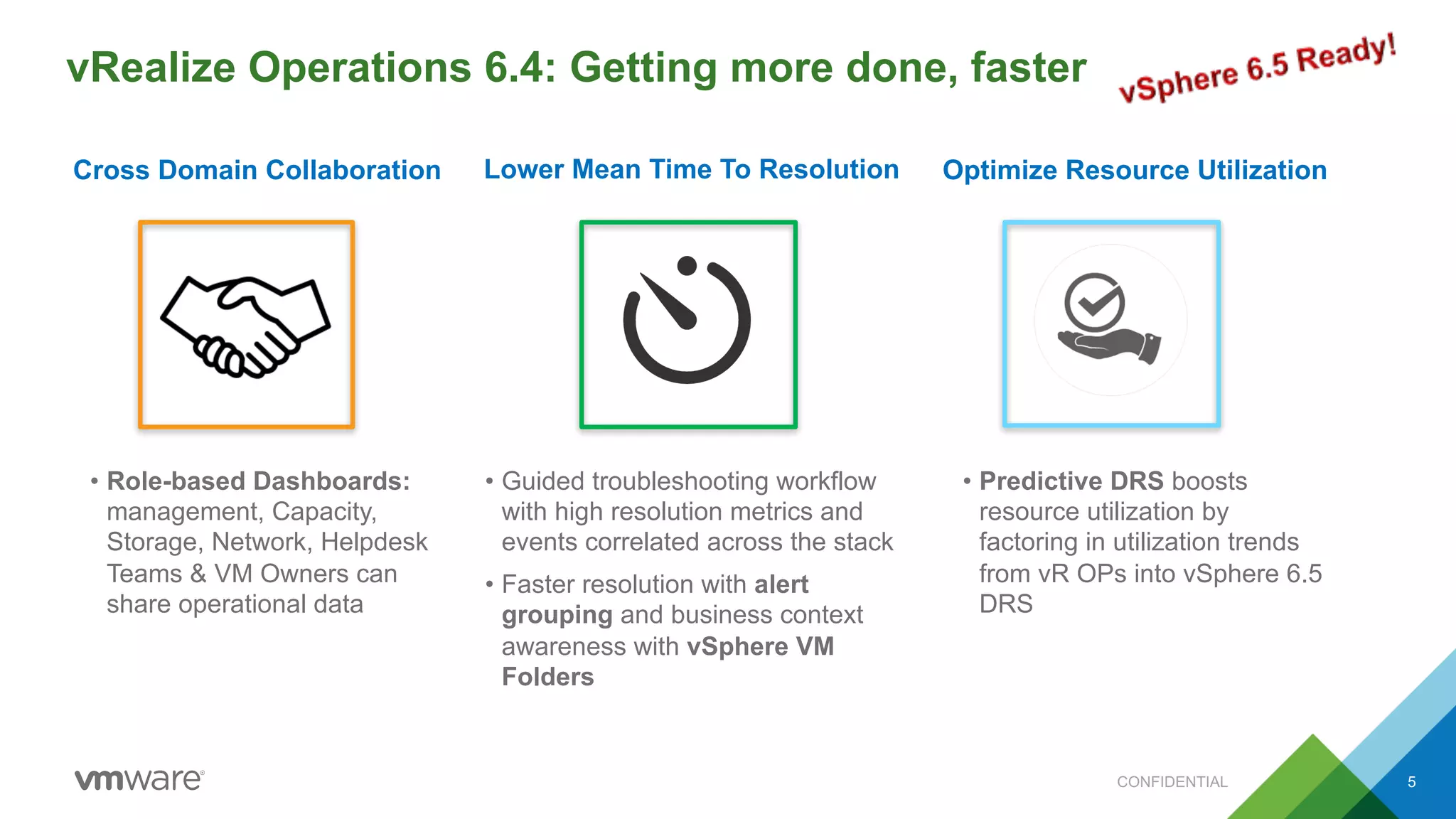 vRealize Operations 6.4: Getting more done, faster
2
Cross Domain Collaboration Lower Mean Time To Resolution Optimize Resource Utilization
• Role-based Dashboards:
management, Capacity,
Storage, Network, Helpdesk
Teams & VM Owners can
share operational data
• Guided troubleshooting workflow
with high resolution metrics and
events correlated across the stack
• Faster resolution with alert
grouping and business context
awareness with vSphere VM
Folders
• Predictive DRS boosts
resource utilization by
factoring in utilization trends
from vR OPs into vSphere 6.5
DRS
CONFIDENTIAL 5
 