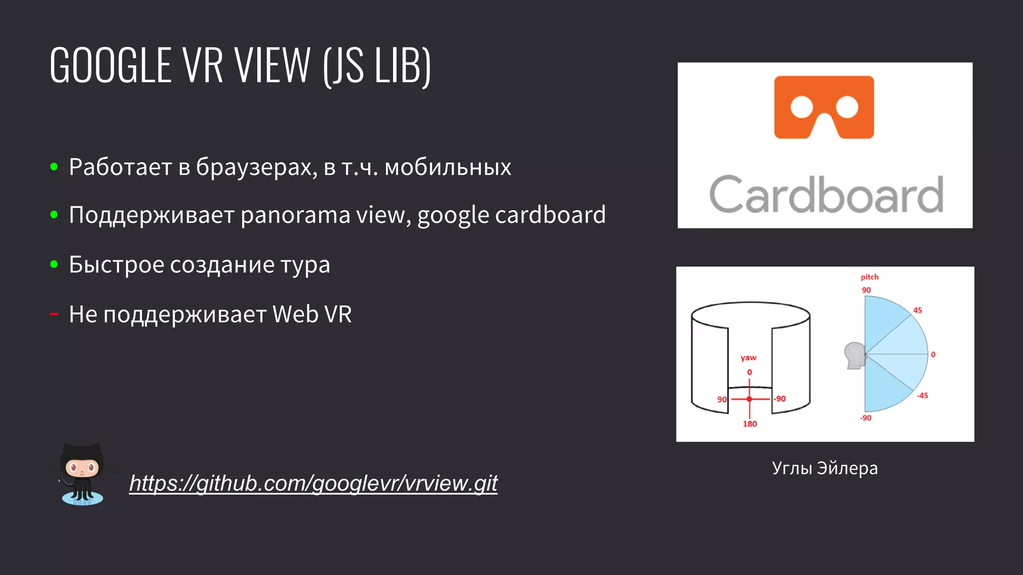 • Работает в браузерах, в т.ч. мобильных
• Поддерживает panorama view, google cardboard
• Быстрое создание тура
- Не поддерживает Web VR
GOOGLE VR VIEW (JS LIB)
Углы Эйлера
https://github.com/googlevr/vrview.git
 