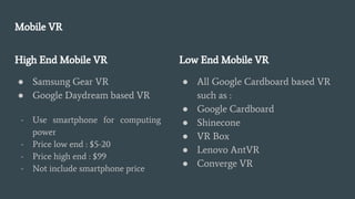 High End Mobile VR
● Samsung Gear VR
● Google Daydream based VR
Low End Mobile VR
● All Google Cardboard based VR
such as :
● Google Cardboard
● Shinecone
● VR Box
● Lenovo AntVR
● Converge VR
Mobile VR
- Use smartphone for computing
power
- Price low end : $5-20
- Price high end : $99
- Not include smartphone price
 