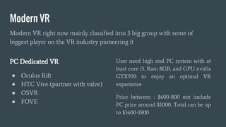Modern VR
PC Dedicated VR
● Oculus Rift
● HTC Vive (partner with valve)
● OSVR
● FOVE
Modern VR right now mainly classified into 3 big group with some of
biggest player on the VR industry pioneering it
User need high end PC system with at
least core i5, Ram 8GB, and GPU nvidia
GTX970 to enjoy an optimal VR
experience
Price between : $600-800 not include
PC price around $1000, Total can be up
to $1600-1800
 