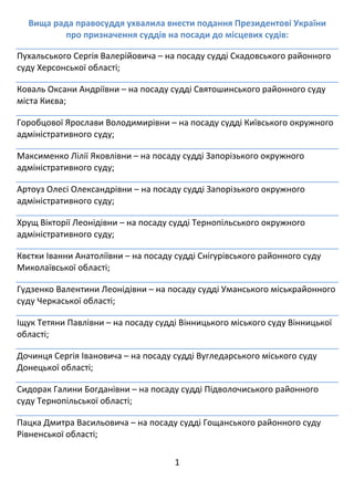 1 
 
Вища рада правосуддя ухвалила внести подання Президентові України 
про призначення суддів на посади до місцевих судів...