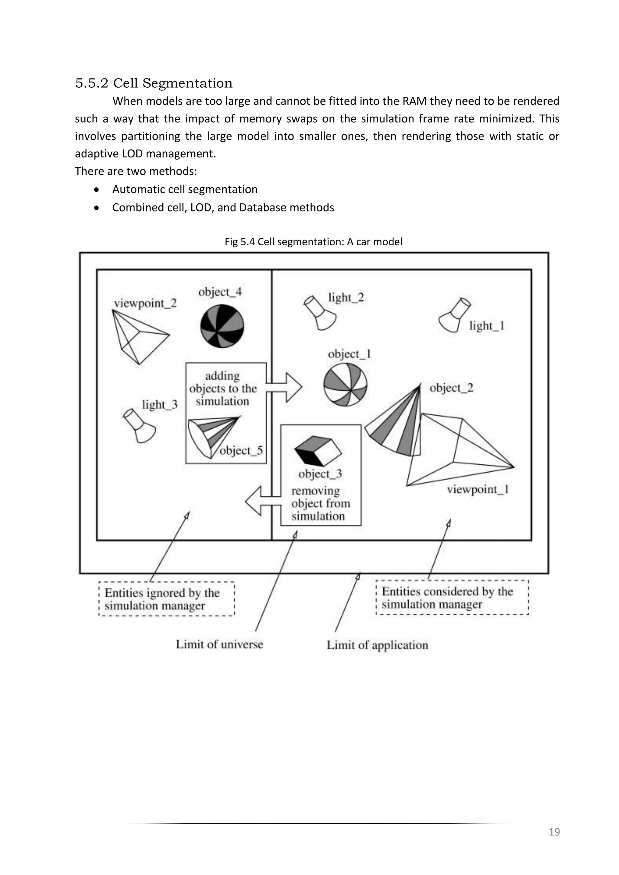 19
5.5.2 Cell Segmentation
When models are too large and cannot be fitted into the RAM they need to be rendered
such a way that the impact of memory swaps on the simulation frame rate minimized. This
involves partitioning the large model into smaller ones, then rendering those with static or
adaptive LOD management.
There are two methods:
Automatic cell segmentation
Combined cell, LOD, and Database methods
Fig 5.4 Cell segmentation: A car model
 