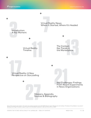 P.  2 / 30MARCH 2016
KNIGHTFOUNDATION.ORG
VIEWING THE FUTURE? VIRTUAL REALITY IN JOURNALISM — Table of Contents
3Introduction:
A Key Moment
17Virtual Reality: A New
Perspective on Storytelling
21Key Challenges: Findings
From Recent Experiments
in News Organizations
27Glossary, Appendix,
Sources & Bibliography
7Virtual Reality News:
Where It Started, Where It’s Headed
13The Context:
Key Trends in
the Marketplace
11Virtual Reality
Timeline
Some of the research and content in this report was initially presented in the USA TODAY Network report “Bringing You Into the News: The State of Virtual Reality in Journalism,”
developed with Knight Foundation support as part of the StoryNext Conference in New York City on Oct. 23, 2015.
 