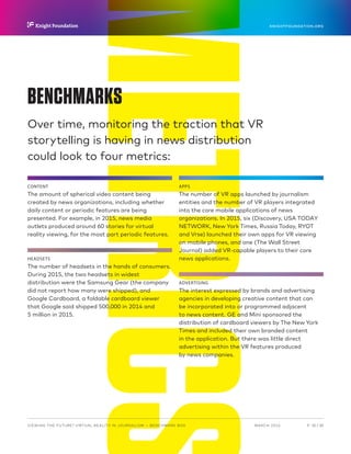 METRICSBENCHMARKS
Over time, monitoring the traction that VR
storytelling is having in news distribution
could look to four metrics:
CONTENT
The amount of spherical video content being
created by news organizations, including whether
daily content or periodic features are being
presented. For example, in 2015, news media
outlets produced around 60 stories for virtual
reality viewing, for the most part periodic features.
HEADSETS
The number of headsets in the hands of consumers.
During 2015, the two headsets in widest
distribution were the Samsung Gear (the company
did not report how many were shipped), and
Google Cardboard, a foldable cardboard viewer
that Google said shipped 500,000 in 2014 and
5 million in 2015.
APPS
The number of VR apps launched by journalism
entities and the number of VR players integrated
into the core mobile applications of news
organizations. In 2015, six (Discovery, USA TODAY
NETWORK, New York Times, Russia Today, RYOT
and Vrse) launched their own apps for VR viewing
on mobile phones, and one (The Wall Street
Journal) added VR-capable players to their core
news applications.
ADVERTISING
The interest expressed by brands and advertising
agencies in developing creative content that can
be incorporated into or programmed adjacent
to news content. GE and Mini sponsored the
distribution of cardboard viewers by The New York
Times and included their own branded content
in the application. But there was little direct
advertising within the VR features produced
by news companies.
P.  30 / 30MARCH 2016
KNIGHTFOUNDATION.ORG
VIEWING THE FUTURE? VIRTUAL REALITY IN JOURNALISM — Benchmark Box
 