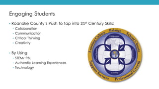 Engaging Students
• Roanoke County’s Push to tap into 21st Century Skills:
• Collaboration
• Communication
• Critical Thinking
• Creativity
• By Using
• STEM/ PBL
• Authentic Learning Experiences
• Technology
 