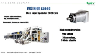 T H E G E A R C O M P A N Y
© 07/20 I Nidec GRAESSNER GmbH & Co. KG I THE GEAR COMPANY
High speed version
VRS Series
3 flame sizes,
5 kinds of ratio
VRS High speed
Max. input speed at 6000rpm
For high speed application
e.g. printing machines）
Dimension is the same as standard VRS
 