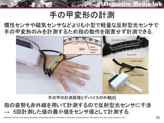 手の甲変形の計測
11
慣性センサや磁気センサなどよりも小型で軽量な反射型光センサで
手の甲変形のみを計測するため指の動作を阻害せず計測できる．
指の姿勢も赤外線を用いて計測するので反射型光センサに干渉
→ 5回計測した値の最小値をセンサ値として計測する．
手の甲の計測原理とデバイスの外観[8]
[8] Behind The Palm: Hand Gesture Recognition through Measuring Skin Deformation on Back Hand by Optical Sensors. Yuta Sugiura et al. SICE Annual Conference. 2017
 