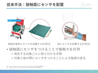 • 接触面にセンサをつけることで接触力を計測
• 測定する対象ごとに取り付ける手間
• 対象と指の間にセンサをつけることによる触感の変化
3
従来手法：接触面にセンサを配置
[3] https://www.nitta.co.jp/product/sensor/conformat/ (2018/9/6閲覧)
[4] https://www.nitta.co.jp/product/sensor/4256e/(2018/9/6閲覧)
接触対象物にセンサを設置する計測[3] 指にセンサを設置する計測[4]
 