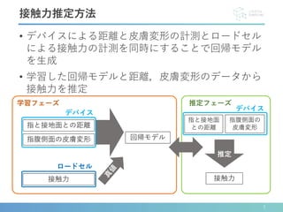 • デバイスによる距離と皮膚変形の計測とロードセル
による接触力の計測を同時にすることで回帰モデル
を生成
• 学習した回帰モデルと距離，皮膚変形のデータから
接触力を推定
7
接触力推定方法
指腹側面の皮膚変形
指と接地面との距離
回帰モデル
接触力
指と接地面
との距離
推定
接触力
指腹側面の
皮膚変形
学習フェーズ 推定フェーズ
デバイス
デバイス
ロードセル
 
