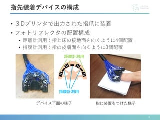 • ３Dプリンタで出力された指爪に装着
• フォトリフレクタの配置構成
• 距離計測用：指と床の接地面を向くように4個配置
• 指腹計測用：指の皮膚面を向くように3個配置
8
指先装着デバイスの構成
デバイス下面の様子 指に装置をつけた様子
指腹計測用
距離計測用
 
