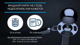 ВХОДНОЙ ПОРОГ НЕ СТОЛЬ
НЕДОСЯГАЕМ, КАК КАЖЕТСЯ
От $ 10 000 От 1 месяца
Как заблуждались участники нашего опроса:
15% - от 1 года на производство
20% - более $ 100 000 на бюджет
 
