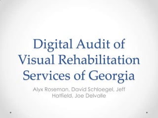 Digital Audit of
Visual Rehabilitation
 Services of Georgia
  Alyx Roseman, David Schloegel, Jeff
         Hatfield, Joe Delvalle
 