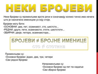 Неки бројеви су променљиве врсте речи и означавају колико тачно има нечега
што је назначено именицом уз коју стоје.
Бројеви могу бити:
-ОСНОВНИ: два, пет, осамнаест, сто, шестсто...
-РЕДНИ: други, пети, осамнаести, стоти, шестстоти...
-ЗБИРНИ: двоје, петоро, осамнаесторо...




 Променљиви су:
 -Основни бројеви: један, два, три, четири
 -Сви редни бројеви
                                 Непроменљиви су:
                                 -Основни бројеви од пет па надаље
                                 -Сви збирни бројеви
 