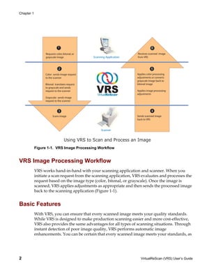 Chapter 1




            Figure 1-1. VRS Image Processing Workflow


VRS Image Processing Workflow
            VRS works hand-in-hand with your scanning application and scanner. When you
            initiate a scan request from the scanning application, VRS evaluates and processes the
            request based on the image type (color, bitonal, or grayscale). Once the image is
            scanned, VRS applies adjustments as appropriate and then sends the processed image
            back to the scanning application (Figure 1-1).


Basic Features
            With VRS, you can ensure that every scanned image meets your quality standards.
            While VRS is designed to make production scanning easier and more cost-effective,
            VRS also provides the same advantages for all types of scanning situations. Through
            instant detection of poor image quality, VRS performs automatic image
            enhancements. You can be certain that every scanned image meets your standards, as




2                                                                     VirtualReScan (VRS) User’s Guide
 