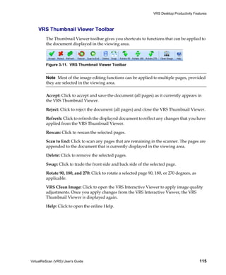VRS Desktop Productivity Features



    VRS Thumbnail Viewer Toolbar
         The Thumbnail Viewer toolbar gives you shortcuts to functions that can be applied to
         the document displayed in the viewing area.



         Figure 3-11. VRS Thumbnail Viewer Toolbar


         Note Most of the image editing functions can be applied to multiple pages, provided
         they are selected in the viewing area.


         Accept: Click to accept and save the document (all pages) as it currently appears in
         the VRS Thumbnail Viewer.

         Reject: Click to reject the document (all pages) and close the VRS Thumbnail Viewer.

         Refresh: Click to refresh the displayed document to reflect any changes that you have
         applied from the VRS Thumbnail Viewer.

         Rescan: Click to rescan the selected pages.

         Scan to End: Click to scan any pages that are remaining in the scanner. The pages are
         appended to the document that is currently displayed in the viewing area.

         Delete: Click to remove the selected pages.

         Swap: Click to trade the front side and back side of the selected page.

         Rotate 90, 180, and 270: Click to rotate a selected page 90, 180, or 270 degrees, as
         applicable.

         VRS Clean Image: Click to open the VRS Interactive Viewer to apply image quality
         adjustments. Once you apply changes from the VRS Interactive Viewer, the VRS
         Thumbnail Viewer is displayed again.

         Help: Click to open the online Help.




VirtualReScan (VRS) User’s Guide                                                                 115
 