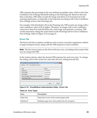 Operating VRS



         VRS compares the percentage to the user-defined acceptable value, which is the Color
         Confidence Out of Range threshold setting on the Warnings tab. Based on this real-
         time evaluation, VRS either accepts the image and allows it to be passed on to the
         scanning application, or intercepts it and responds according to the Color Confidence
         Out of Range action in the Warnings tab.

         For example, if the threshold is 50 on the Warnings tab, VRS accepts any image with a
         color confidence value of 50 or higher. Therefore, an image with a color confidence
         value lower than 50 would fall below the valid range and generate a warning. VRS
         would respond by taking the action listed on the Warnings tab for Color Confidence
         Out of Range. Refer to Figure 2-14 on page 21.


         Errors Tab
         The Errors tab lists exception conditions such as errors caused by equipment conflicts
         or paper transport issues, along with the VRS response to each condition.

         Note The list of error types on the Errors tab may vary, according to the scanner that
         you are using with VRS.


         In the Action column, select the desired VRS response for each error type. To change
         the setting, click in the Action box and select the new setting from the list.




         Figure 2-15. VirtualReScan Administration Utility - Errors Tab

         Table 2-4. Error Types

          Error                    Description

          Paper Jam                Paper jam occurs in the scanner paper path.

          Multifeed1               Multiple pages have been pulled into the transport.




VirtualReScan (VRS) User’s Guide                                                                   23
 