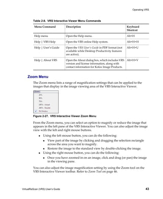 Operating VRS



         Table 2-8. VRS Interactive Viewer Menu Commands

          Menu Command             Description                                     Keyboard
                                                                                   Shortcut

          Help menu                Open the Help menu.                             Alt+H

          Help | VRS Help          Open the VRS online Help system.                Alt+H+H

          Help | User’s Guide      Open the VRS User’s Guide in PDF format (not    Alt+H+U
                                   available while Desktop Productivity features
                                   are active).

          Help | About VRS         Open the About dialog box, which includes VRS   Alt+H+V
                                   version and license information, along with
                                   contact information for Kofax Image Products.


    Zoom Menu
         The Zoom menu lists a range of magnification settings that can be applied to the
         images that display in the image viewing area of the VRS Interactive Viewer.




         Figure 2-27. VRS Interactive Viewer Zoom Menu

         From the Zoom menu, you can select an option to magnify or reduce the image that
         appears in the left pane of the VRS Interactive Viewer. You can also adjust the image
         view with the left and right mouse buttons.
                 Using the left mouse button, you can do the following:
                    View part of the image by clicking and dragging the selection rectangle
                    across the area you want to magnify.
                    Restore the image to the standard view by double-clicking the image.
                 Using the right mouse button, you can do the following:
                     Once you have zoomed in on an image, click and drag (or pan) the image
                     in the viewing pane.

         You can also adjust the image magnification setting by using the Zoom tool on the
         VRS Interactive Viewer toolbar. Refer to Zoom Tool on page 46.




VirtualReScan (VRS) User’s Guide                                                                43
 