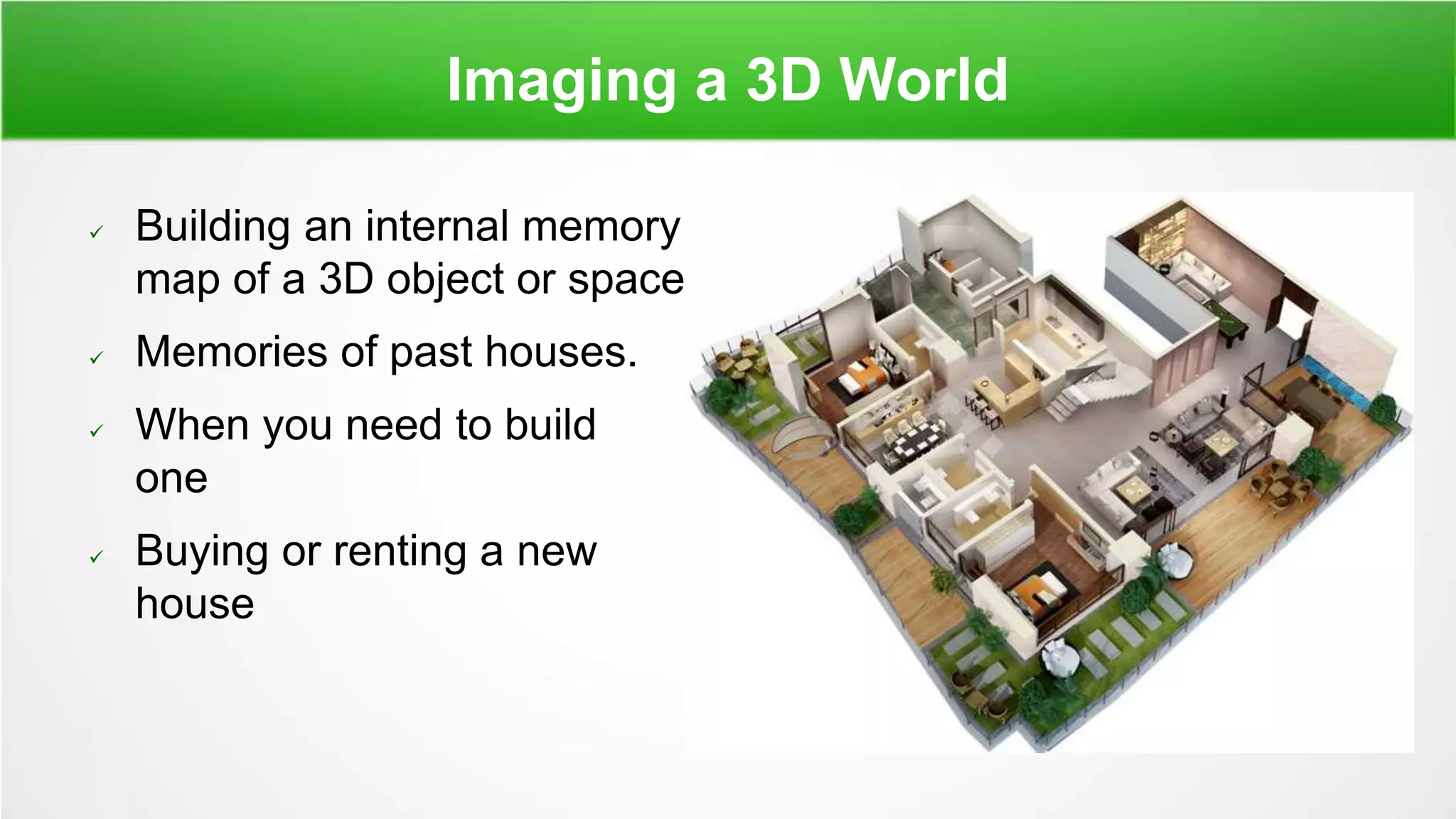 Imaging a 3D World
 Building an internal memory
map of a 3D object or space
 Memories of past houses.
 When you need to build
one
 Buying or renting a new
house
 