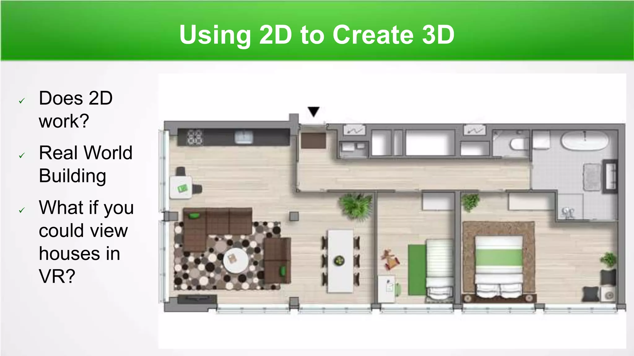 Using 2D to Create 3D
 Does 2D
work?
 Real World
Building
 What if you
could view
houses in
VR?
 